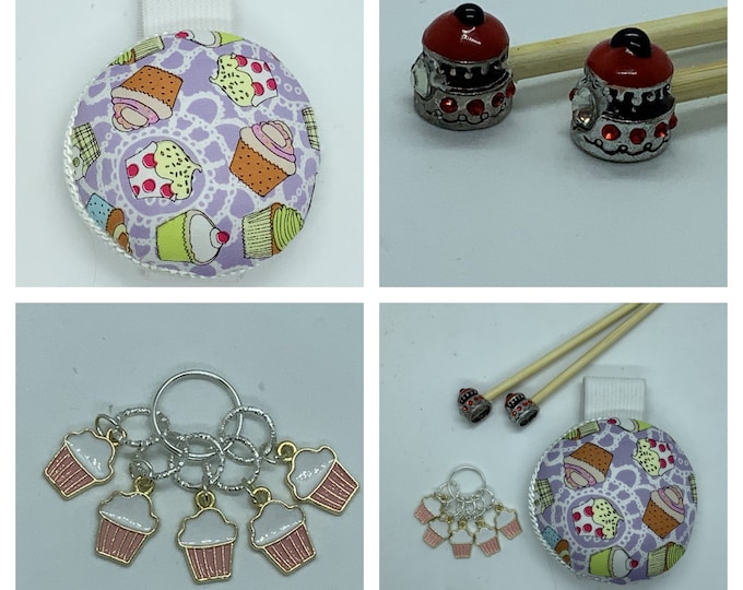 Cupcake Gift Set includes 23cm 4mm knitting needles, wrist pin cushion and stitch markers