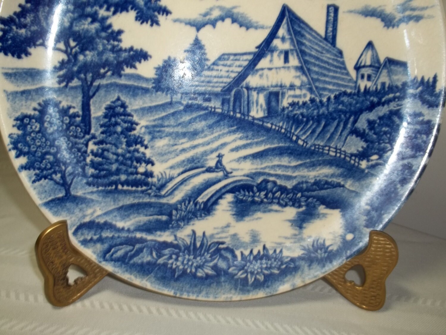 Vintage Blue and White Plate Made in Japan Man on Bridge Home Etsy
