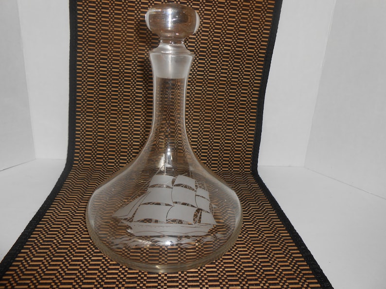 Large Clear Glass Decanter with Etched Tall Ship Nautical Etsy