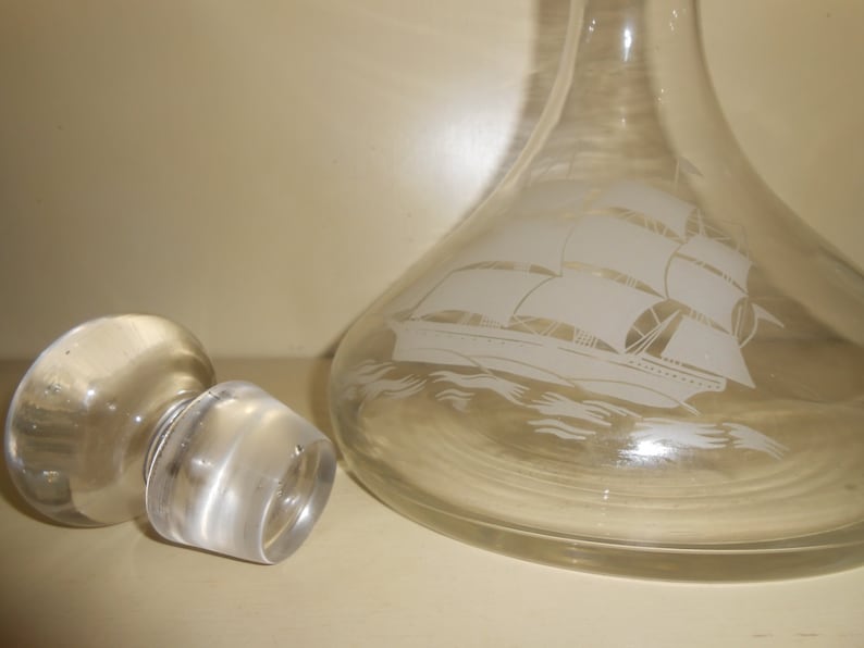 Large Clear Glass Decanter with Etched Tall Ship Nautical Etsy