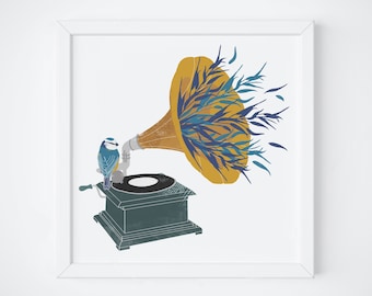 Botanical Vintage Gramophone Illustration | Square Print 8x8"