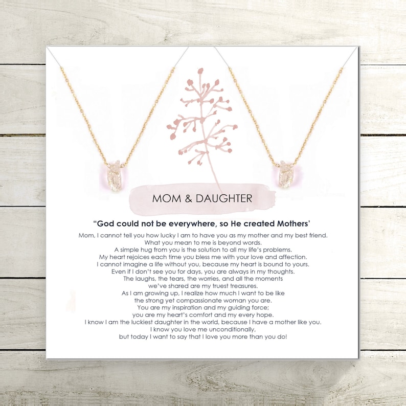 Mom and Daughter Necklace with Card Genuine Raw Herkimer Diamond Mother and Daughter Gift Set of Two Inspirational Gift for Mommy