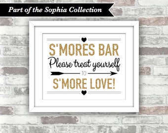DOWNLOAD INSTANTÂNEO - Coleção SOPHIA - Placa de casamento para bar de s'mores para imprimir - Chá de panela - Arquivo digital 8x10 - Efeito glitter dourado e preto