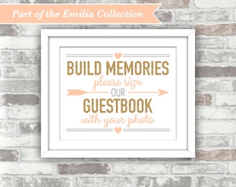 DOWNLOAD INSTANTÂNEO - Coleção EMILIA - Arquivos Digitais para Imprimir - Livro de Assinaturas com Fotos de Casamento - 8x10 - Glitter Dourado - Tons de Pêssego e Rosa - Crie Memórias