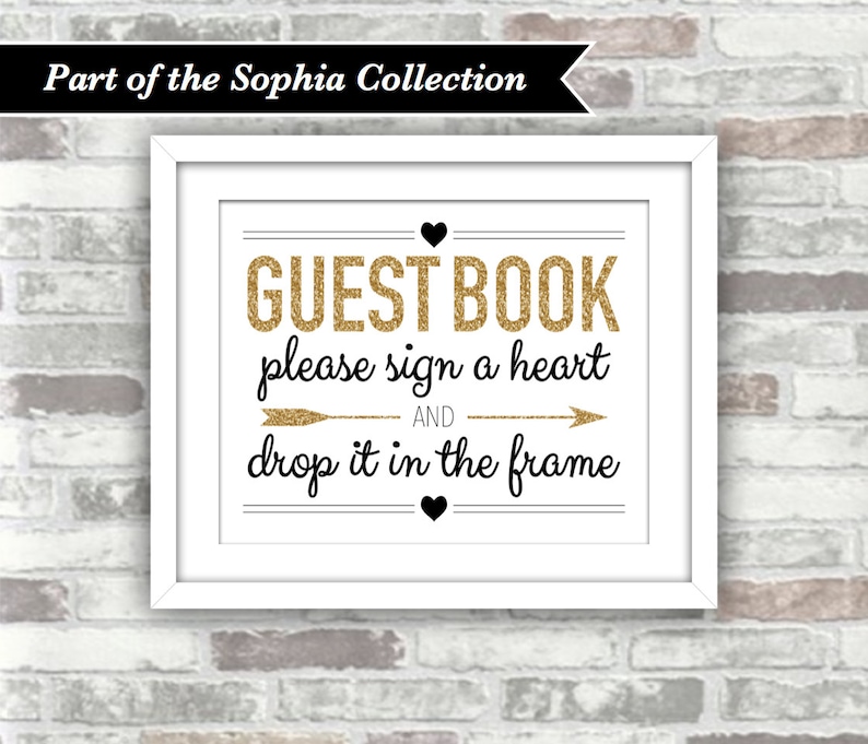 DOWNLOAD INSTANTÂNEO - Placa de Livro de Assinaturas em Formato de Coração com Tampa Dobrável para Casamento - Coleção SOPHIA - Preto com Glitter Dourado - Arquivos Digitais 8x10 imagem 1