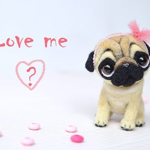 Pug puppy. Pet for doll. Little felt dog. Funny toy. Cute needle felted toy. Tiny doggi with bunny ears. Gift for her.
