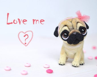 Pug puppy. Pet for doll. Little felt dog. Funny toy. Cute needle felted toy. Tiny doggi with bunny ears. Gift for her.