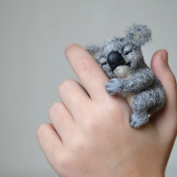 Needle felted little sleeping koala. Tiny toy. Funny bear.
