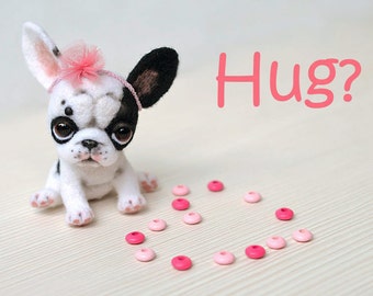 French bulldog puppy. Little felt dog. Sweet animal. Funny toy. Cute needle felted toy. Tiny doggi with bunny ears.