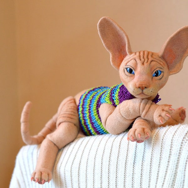 Needle felted cat Sphynx. BJD from wool. Animal portrait. Collectible toy. OOAK doll. Feline lovers gift