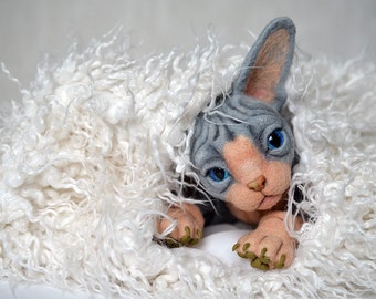 Needle felted kitten Sphynx. BJD from wool. Animal portrait. Collectible toy. OOAK doll. Feline lovers gift. Realistic cat. Sphinx cat.