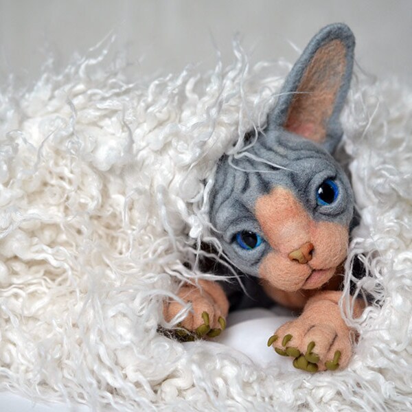 Needle felted kitten Sphynx. BJD from wool. Animal portrait. Collectible toy. OOAK doll. Feline lovers gift. Realistic cat. Sphinx cat.