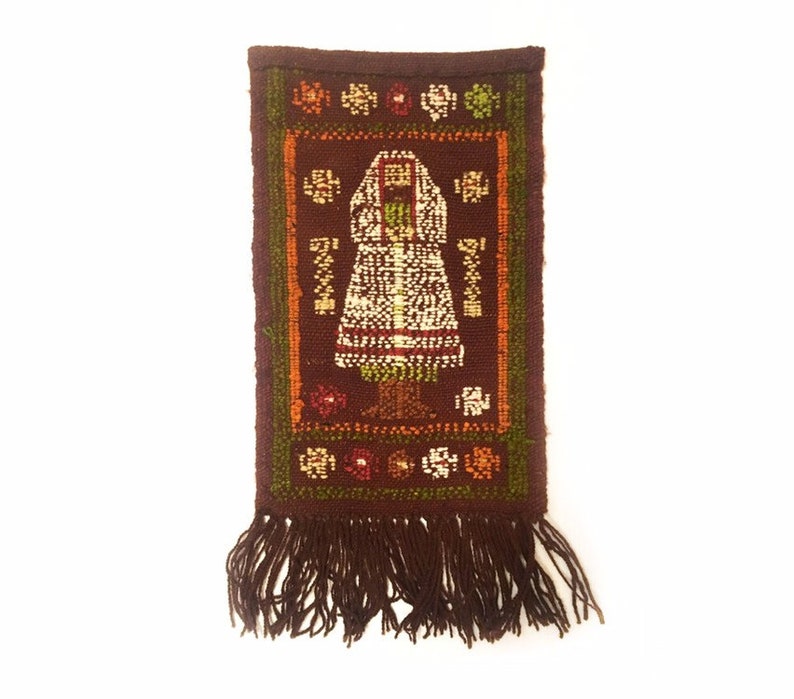 Midcentury handwoven textile wall hanging nun vintage textile MCM weaving multicoloured woman baboushka peasant motif boho decor