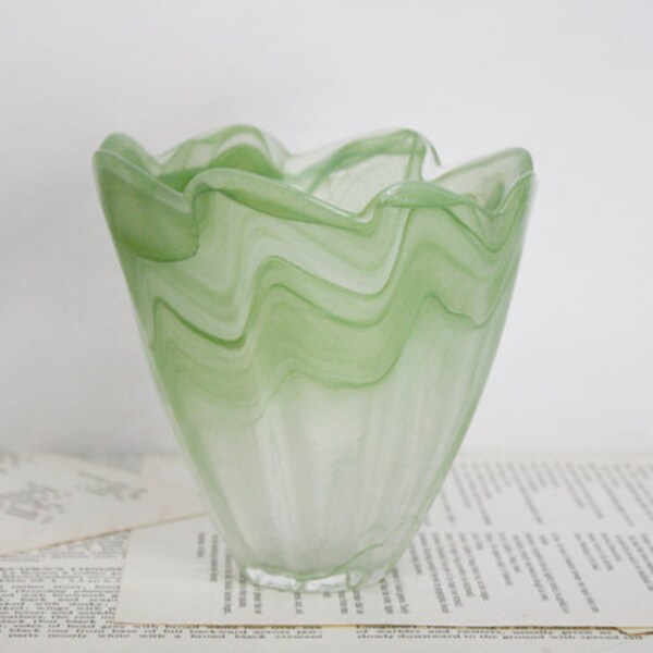 Green slag glass vase, wave edge