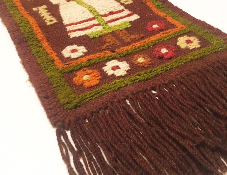 Midcentury handwoven textile wall hanging nun vintage textile MCM weaving multicoloured woman baboushka peasant motif boho decor