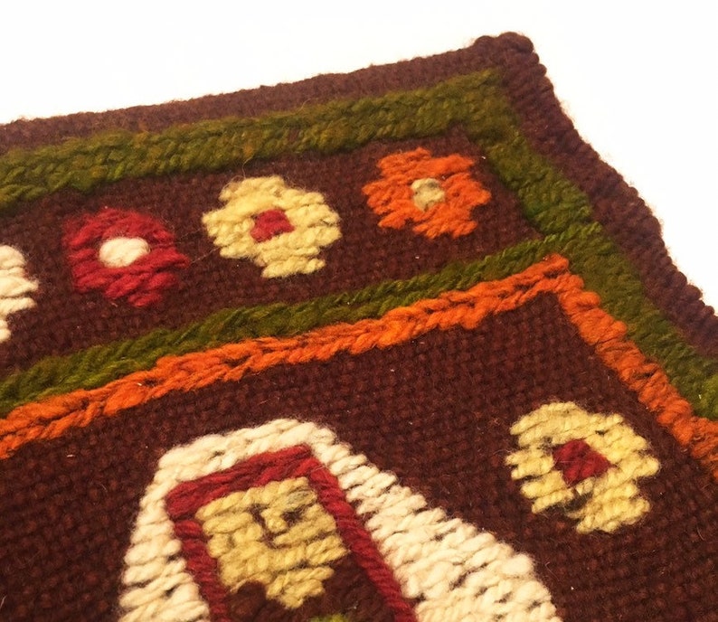 Midcentury handwoven textile wall hanging nun vintage textile MCM weaving multicoloured woman baboushka peasant motif boho decor
