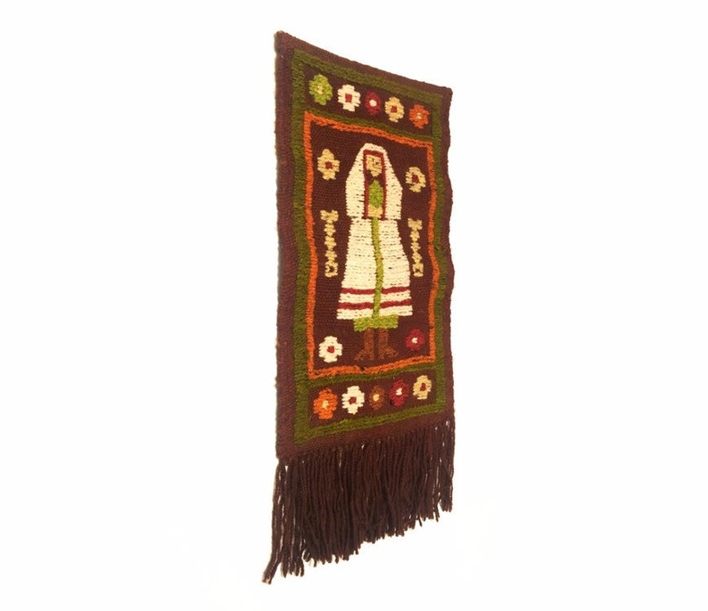 Midcentury handwoven textile wall hanging nun vintage textile MCM weaving multicoloured woman baboushka peasant motif boho decor