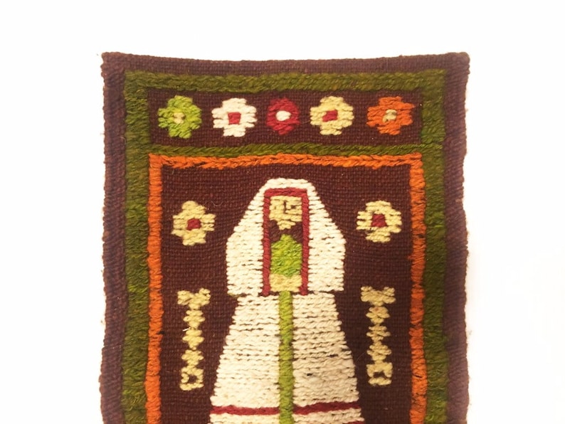 Midcentury handwoven textile wall hanging nun vintage textile MCM weaving multicoloured woman baboushka peasant motif boho decor