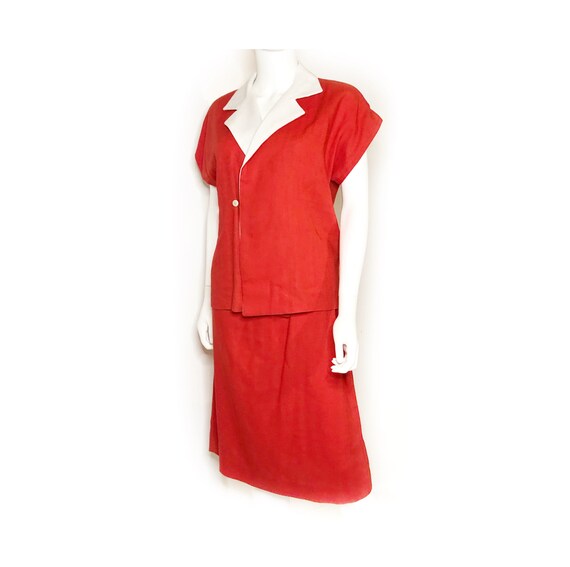 Vibrant coral red and white linen summer suit, wom