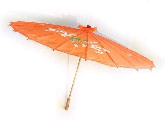 Vintage tangerine orange painted Asian parasol, vi