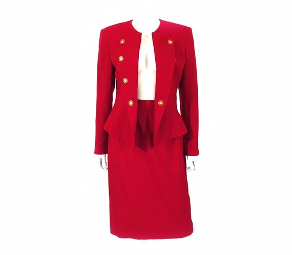1990s true red wool suit, military peplum skirt su