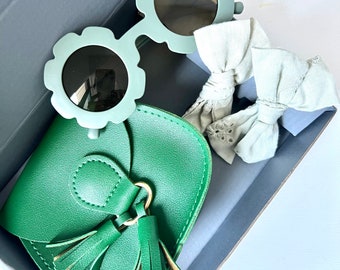 Green anf Blue Toddler Birthday Girl Gift Box Toddler Accessories Set Toddler Handbag Girl Retro Sunnies Toddler Girl Bows Birthday Gift