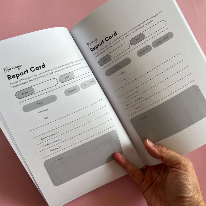 May include: A black and white printable marriage report card with sections for name, topic, intimacy, sex, communication, conflict resolution, teamwork, and overall comments. The card is designed to help couples assess their relationship.