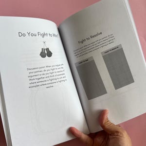 May include: A page from a book with the title "Do You Fight to Win?" and a discussion point about arguing with a partner. The page also includes a section titled "Fight to Resolve" with two blank boxes labelled "Fight to Win" and "Fight to Resolve".