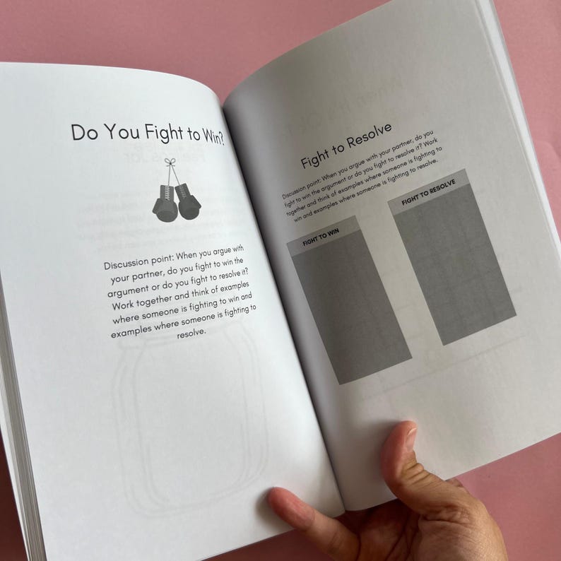 May include: A page from a book with the title "Do You Fight to Win?" and a discussion point about arguing with a partner. The page also includes a section titled "Fight to Resolve" with two blank boxes labelled "Fight to Win" and "Fight to Resolve".