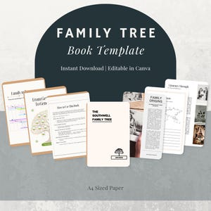 May include: A family tree book template with a dark teal background and the words "FAMILY TREE Book Template." The image shows several pages with text and graphics, including a family tree diagram and the words "Instant Download | Editable in Canva."