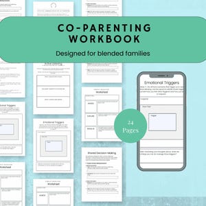 May include: A co-parenting workbook designed for blended families. The workbook includes 24 pages of worksheets and activities to help families navigate the challenges of co-parenting. The worksheets cover topics such as active listening, emotional triggers, conflict resolution, and shared decision-making.