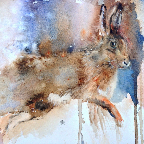 Spring Leap , Original Watercolour Painting of a Hare