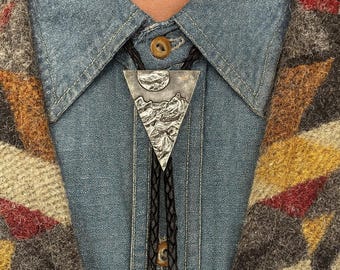 Mountain Moon Bolo Tie : Handmade Leather Cowboy Necktie - Tree & Star Design