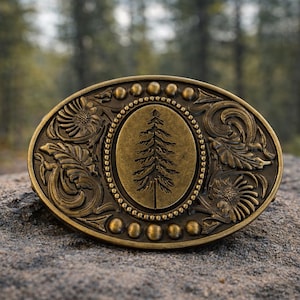 Engraved Pine Tree Belt Buckle: Mountain Western Style Christmas