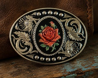 Painted Red Rose Cameo Belt Buckle: Western Cowgirl Floral Buckle