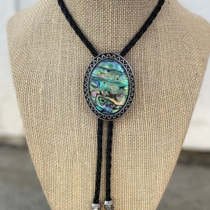 Abalone Shell Bolo Tie - Gifts for Her Cabochon Indian Leather Cowboy Necktie Accessories Mens Necklace - Turquoise Leather Cord Woven Bola