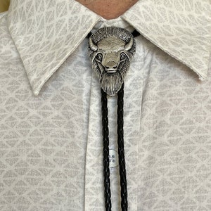 Southwestern Buffalo Bolo Tie - Handmade Solid Pewter - Gifts for Him Leather Cowboy Necktie Accessories Mens Navajo Necklace Leather Cord