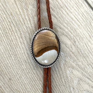 Beautiful Jasper Bolo Tie - Tan Brown Stone Necktie Pendant Mens Accessories Western Silver Cabochon Bola Necklace Man Jewelry Orange