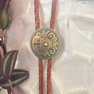 Brass Concho Bolo Tie: Engraved Flower, Leather Cowboy Necktie