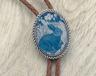Rabbit Bolo Tie - Western Gifts for Him Leather Cowboy Necktie Accessories Mens Necklace Animal Lariat Bunny Whimsical Blue Bola Silver Ends