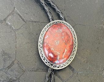 Red Brecciated Jasper Bolo Tie - Necktie Lariat Cabochon Genuine Stone Brown Leather Woven Cord Bola Mens Western Style necklace