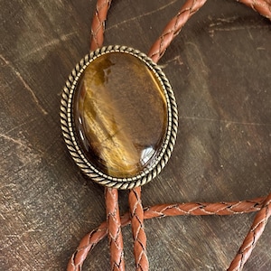 Southwestern Tigers Eye Bolo Tie - Gifts for Him Western Cowboy Necktie Accessories Mens Necklace Leather Cord Woven Outfit Rodeo Man Bola