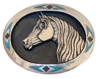 Beautiful Handmade Turquoise Stone Inlay Belt Buckle - Horse Head - Handcrafted - Equestrian Genuine Stone Quarter Trophy Show Thoroughbred