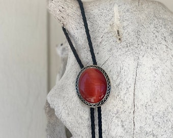 Red stone bolo tie - Gemstone Cameo Mens Necktie Bola Leather Western Gift Idea Wedding Party Cabochon Silver Necklace