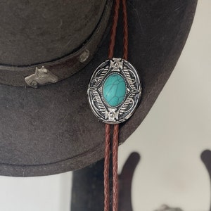 Zuidwestelijk Turquoise Steen Westerse Stijl Heren Stropdas Bola Bruin Koord Zilver Tips Gegraveerd Leer Cadeau Mans Bruiloft Feest Cadeau afbeelding 3