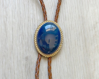 Southwestern Blue Agate Bolo Tie - Gifts for Him Cabochon Gold Leather Cowboy Necktie Accessories Mens Necklace Bola Leather Cord brown