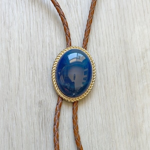 Southwestern Blue Bolo Tie - Gifts for Him Gold Leather Cowboy Necktie Accessories Mens Necklace Bola Leather Cord brown Stone Lariat Man