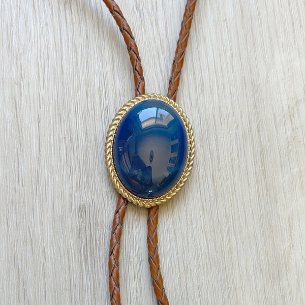 Southwestern Blue Agate Bolo Tie - Gifts for Him Cabochon Gold Leather Cowboy Necktie Accessories Mens Necklace Bola Leather Cord brown