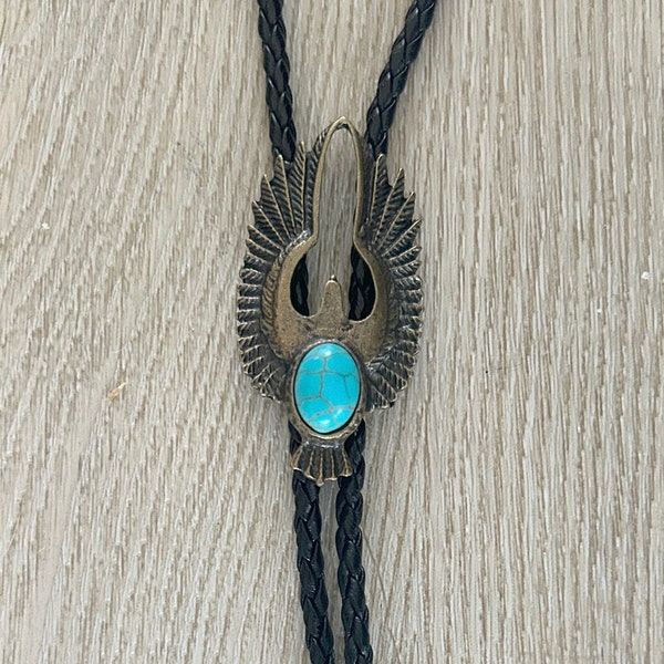 Thunderbird bolo tie  - Turquoise Bola Necktie Western Gold Tips Black Leather Cord Bola Lariat Mens Gift Idea