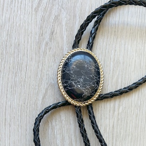 Southwestern Black Stone Bolo Tie - Gifts for Him Cabochon Indian Leather Cowboy Necktie Accessories Mens Necklace - Leather Cord Woven